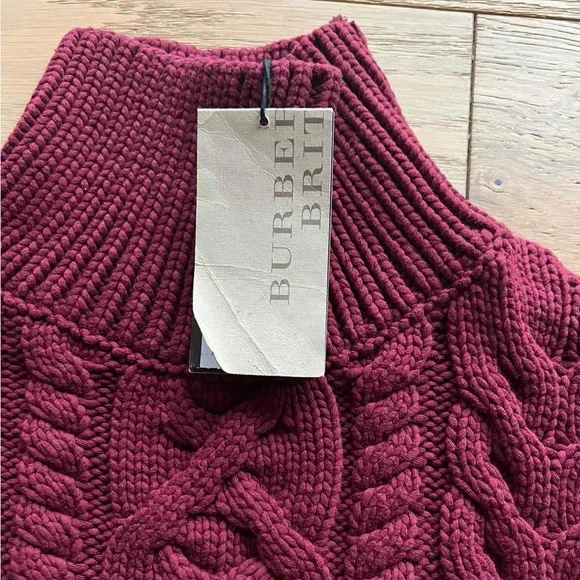 New Burberry Brit Burgundy Turtleneck Cable Knit Sweater, size L (fits like M)